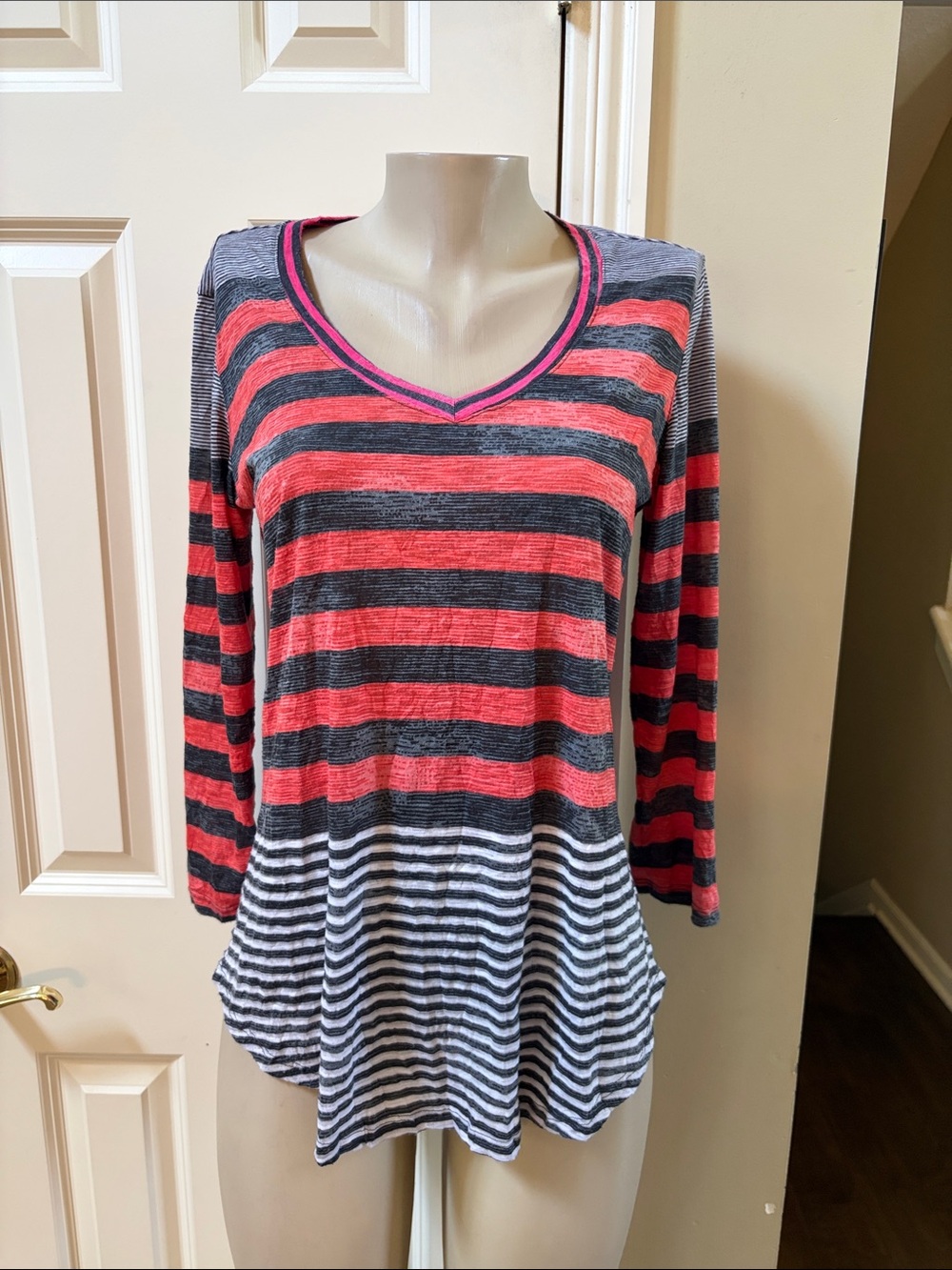 David Cline Red and Gray Striped V-Neck Long Sleeve Top, large